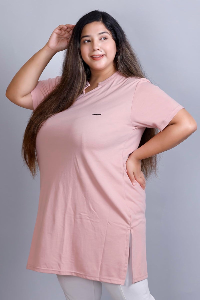 CUPID Women's Cotton Plus Size Plain Half Sleeve Long Top for Summer and Semi Summers with One Side Pocket for Ladies Solid T Shirt_Blushing Peach_7XL - Image 3