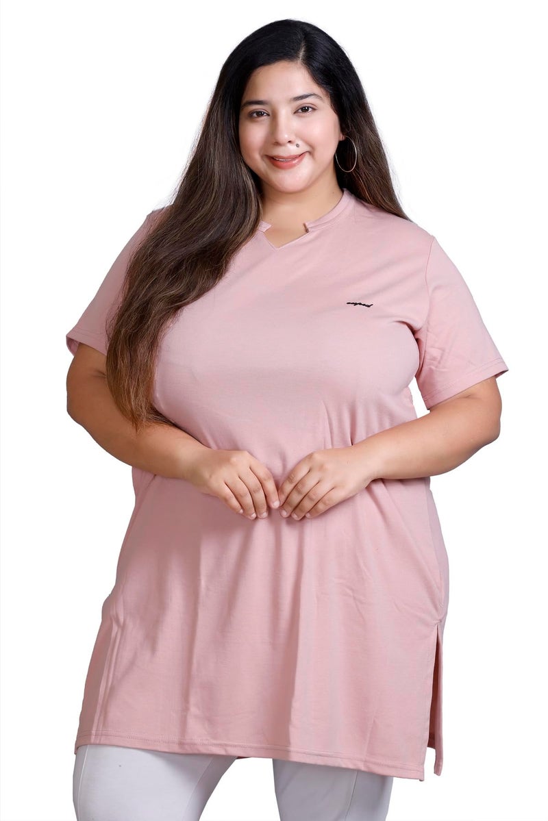CUPID Women's Cotton Plus Size Plain Half Sleeve Long Top for Summer and Semi Summers with One Side Pocket for Ladies Solid T Shirt_Blushing Peach_7XL - Image 1