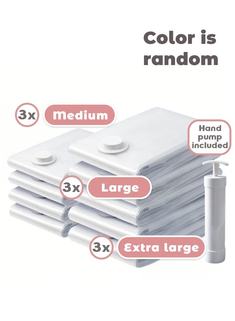 9 vacuum storage bags, reusable space-saving seal bags with manual pump, compression seal bags, suitable for quilts, blankets, clothes, pillows, travel (3 extra-large, 3 large, 3 medium) - Image 1