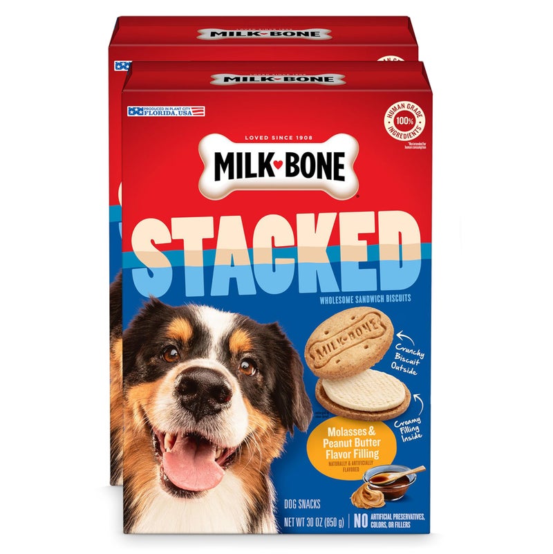 MILK-BONE MilkBone Stacked Dog Treats 30 Ounce Pack of 2 Crunchy Biscuit with Molasses and Peanut Butter Creamy Filling