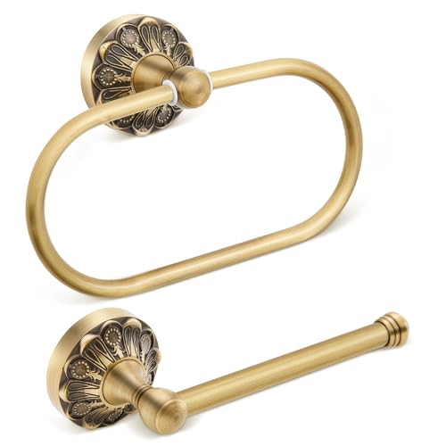 Otoolling 2 Pieces Set Antique Brass Toilet Paper Holder Retro Brass Hand Towel Ring Tissue Roll Paper Hanger Bathroom Hardware Wall Mounted Vintage Bathroom AccessoriesRectangle - Image 1