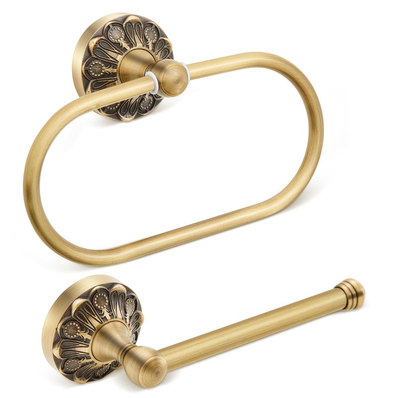 Otoolling 2 Pieces Set Antique Brass Toilet Paper Holder Retro Brass Hand Towel Ring Tissue Roll Paper Hanger Bathroom Hardware Wall Mounted Vintage Bathroom AccessoriesRectangle - Image 2