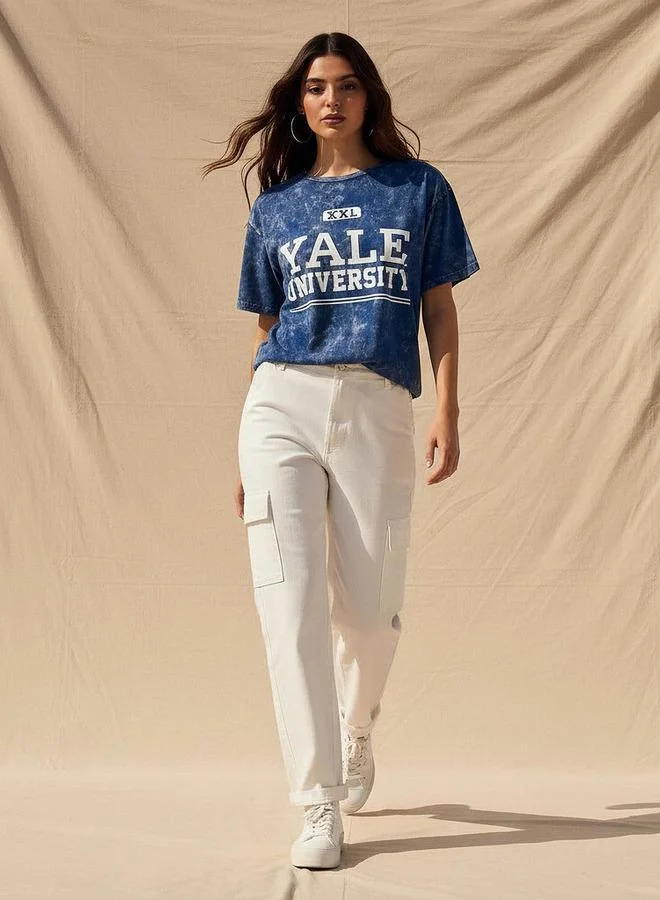 SP Characters Oversized Cotton T-shirt with Yale University Print