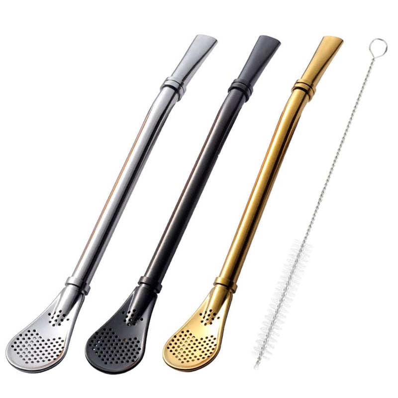 Beruth Bombilla Yerba Mate Straws 3 Pack Reusable Colorful Tea Coffee Cocktail Stainless Steel Bent Smooth Flow Drinking Stir Filter Spoon Straws with Cleaning Brush by Beruth