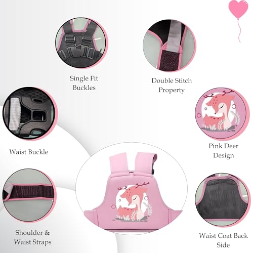 PAX PARROT Kids Safety Belt for Two Wheeler, Bike, Activa & Scotty – Backpack Style with Reflective Straps, Breathable Net, Deer Design, Double-Stitched for Durability (Pink) - Image 2