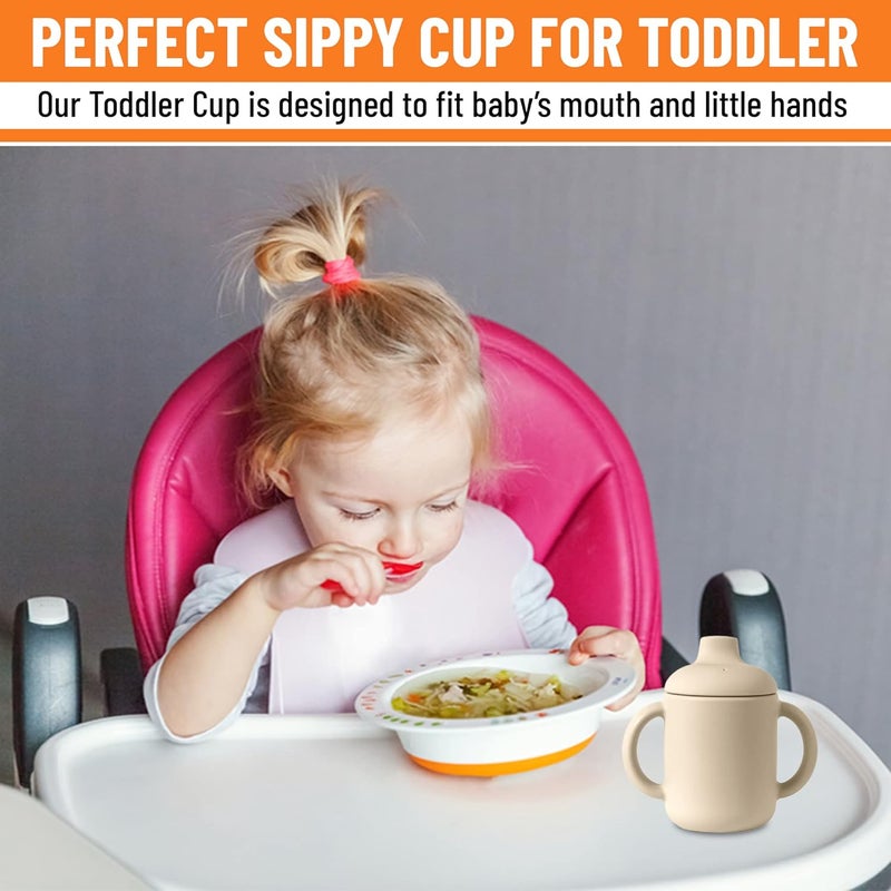 CLENEA Toddler Cups with Lid & Non Slip Handles For Baby Toddler & Infant | Silicone Training Smoothie Cups | Durable and Spill Proof Sippy Cups for 6-12 Months and 1-3 Years  (Beige) - Image 5