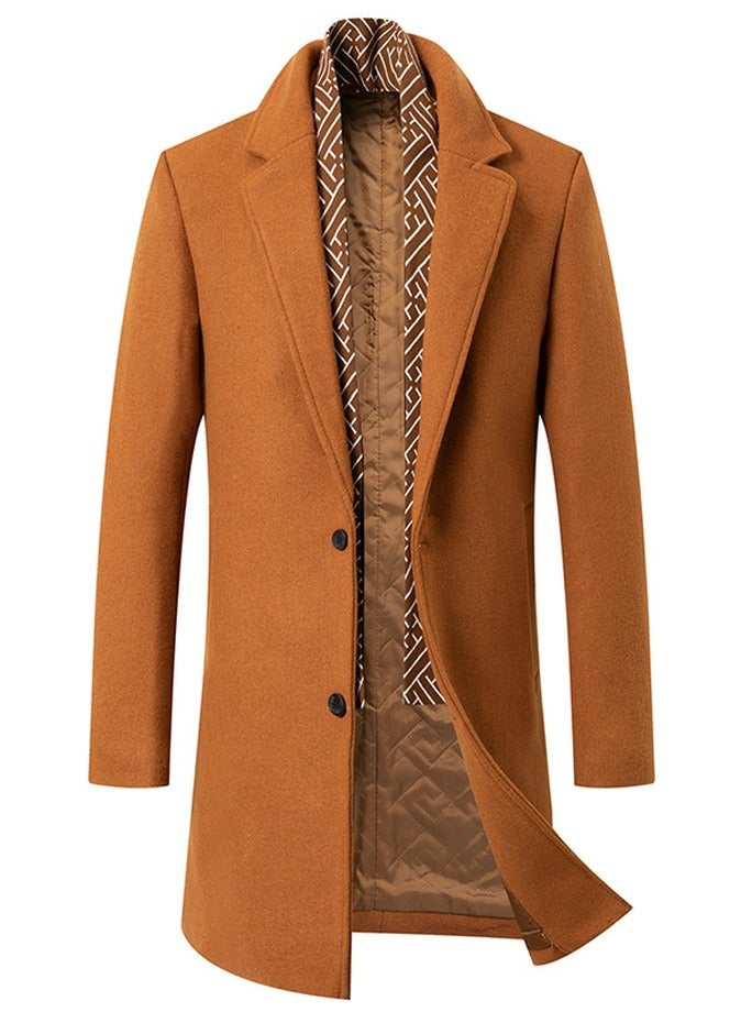 Loquat Men's Wool Blend Coat With Detachable Scarfs Suit Collar Single Breasted Pea Coat Trench Overcoat Camel 