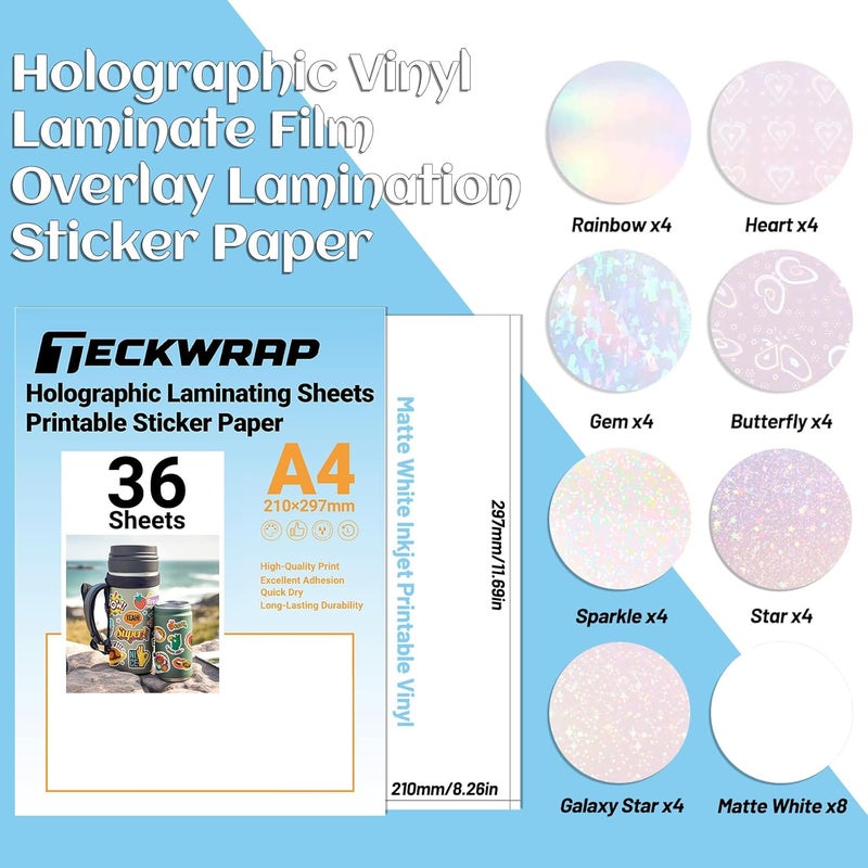 Holographic Sticker Paper Clear Overlay Lamination Vinyl Matte White Inkjet Printable Vinyl 8.26" x 11.69" A4 Size 36 sheets/Pack Laminate Sticker Film for Craft, Scrapbooking, Craft Cutters - Image 2