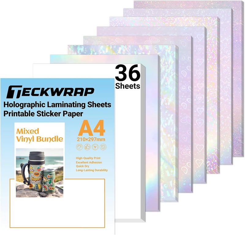 Holographic Sticker Paper Clear Overlay Lamination Vinyl Matte White Inkjet Printable Vinyl 8.26" x 11.69" A4 Size 36 sheets/Pack Laminate Sticker Film for Craft, Scrapbooking, Craft Cutters - Image 1