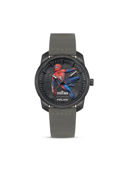 POLICE Men's Superhero Edition Black Dial Grey Leather Analog Watch for Men 44mm