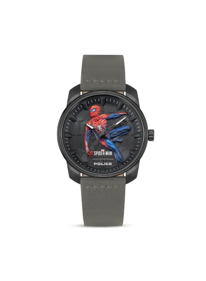 بوليس ساعة رجالية إصدار الأبطال الخارقين بقرص أسود وسوار جلد أسود 44 مم