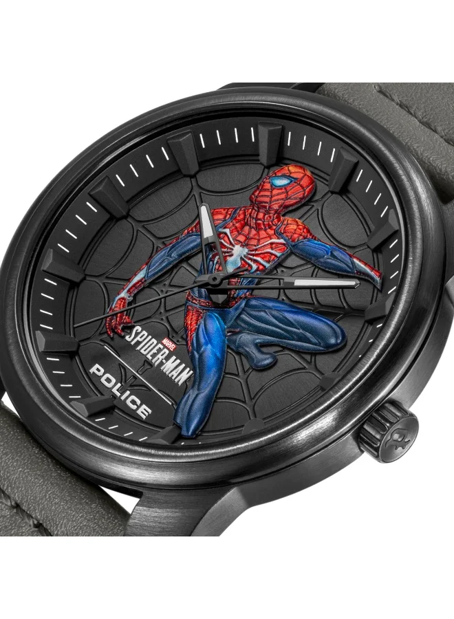 POLICE Men's Superhero Edition Black Dial Grey Leather Analog Watch for Men 44mm