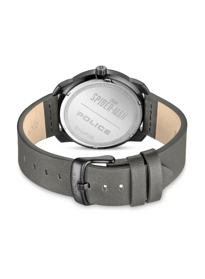 POLICE Men's Superhero Edition Black Dial Grey Leather Analog Watch for Men 44mm
