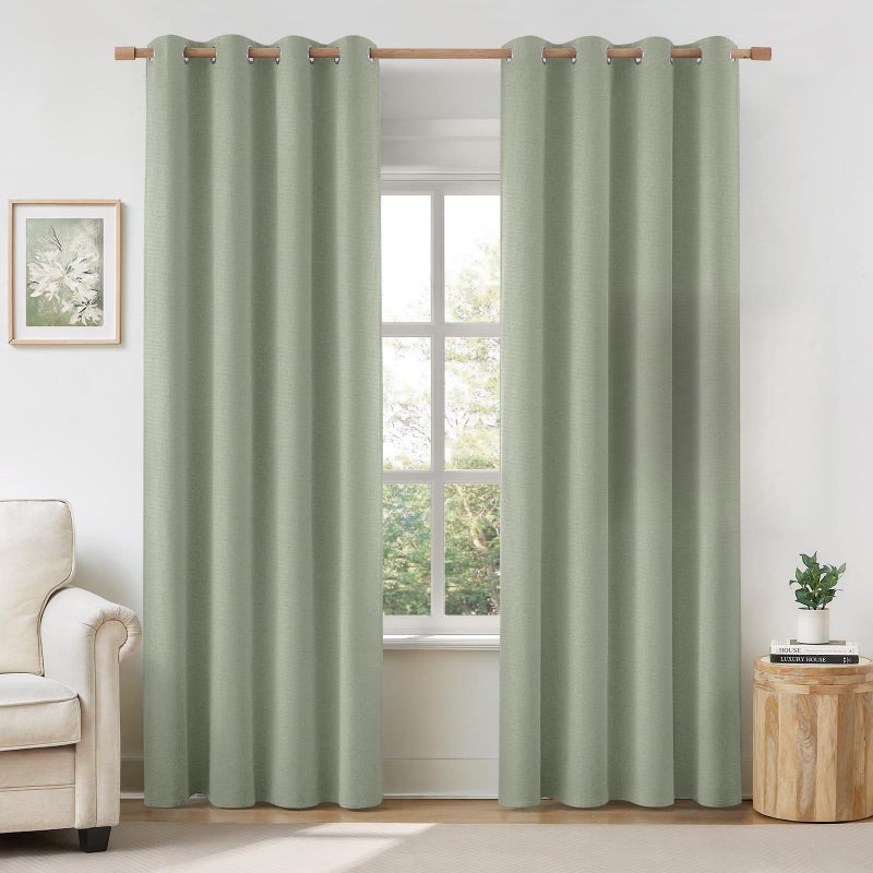 HOMEIDEAS 100% Sage Green Linen Blackout Curtains for Bedroom, 52 x 84 Inch Length 2 Panels Faux Linen Thermal Insulated Black Out Grommet Window Drapes for Living Room - Image 1