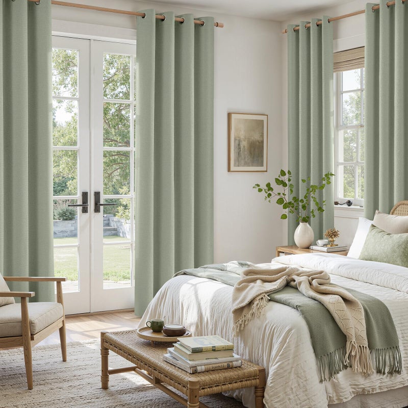 HOMEIDEAS 100% Sage Green Linen Blackout Curtains for Bedroom, 52 x 84 Inch Length 2 Panels Faux Linen Thermal Insulated Black Out Grommet Window Drapes for Living Room - Image 3