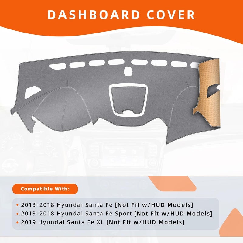 KEYOOG Dashboard Cover Dash Mat Fit for Hy-undai 2018-2013 Santa Fe,Santa Fe Sport (Without HUD Models),Car Dash Board Mat Anti-Glare Carpet,Non-Slip Pad Sunshield Protector (Grey) - Image 2