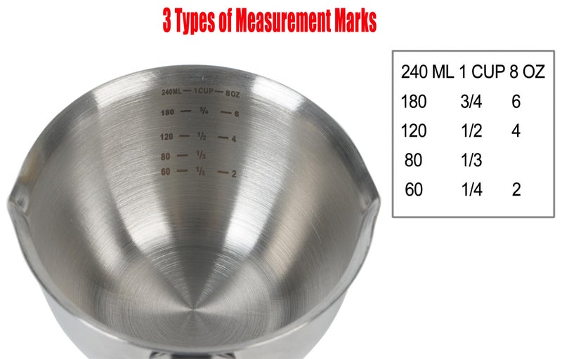 DOTINGHUX 1 Cup Stainless Steel Measuring Cup, 3 Types of Measurement Marks, Two Side Spouts, Dishwasher Safe, Compatible with All Cooktops - Image 2