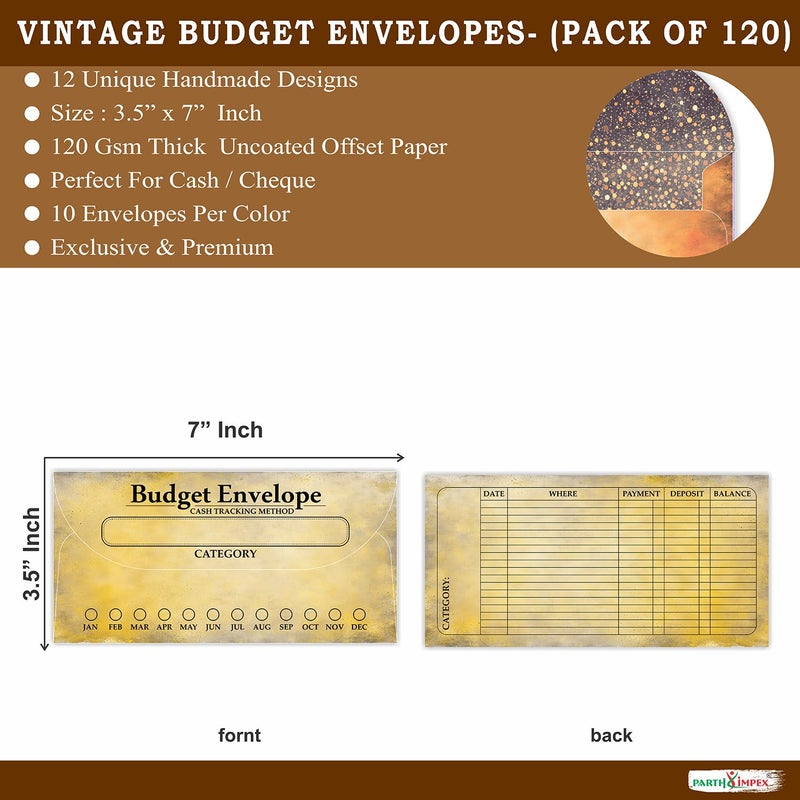 PARTH IMPEX 120 Pack Vintage Budget Envelopes for Cash, Budgeting Tracker Binder, Money Saving Challenge, Great for Money Management, Cash Stuffing and Savings Organizer 3.5" x 7" in 12 Color - Image 2