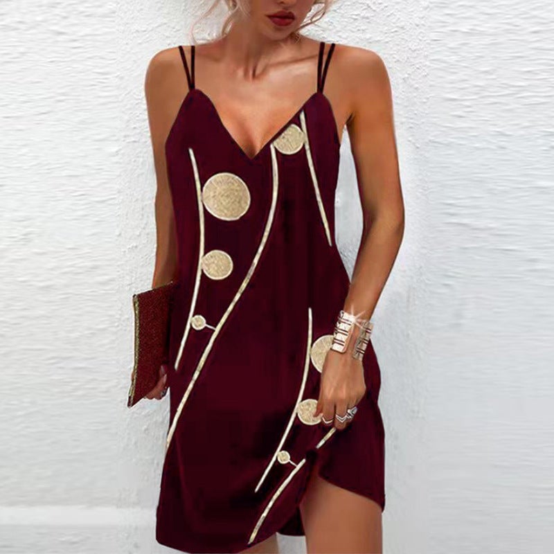 Sexy Casual Suspender Dress Burgundy XXXL V-Neck Sleeveless Backless Dot Print - A-Line Mid-Length Above Knee Premium Polyester for Women - Image 4