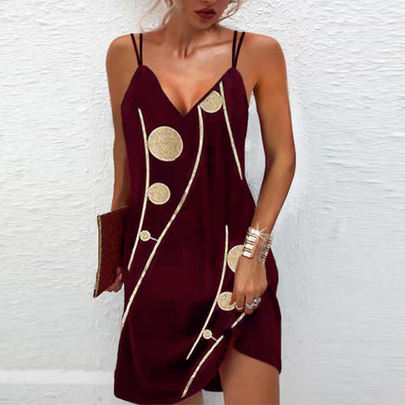 Sexy Casual Suspender Dress Burgundy XXXL V-Neck Sleeveless Backless Dot Print - A-Line Mid-Length Above Knee Premium Polyester for Women - Image 1