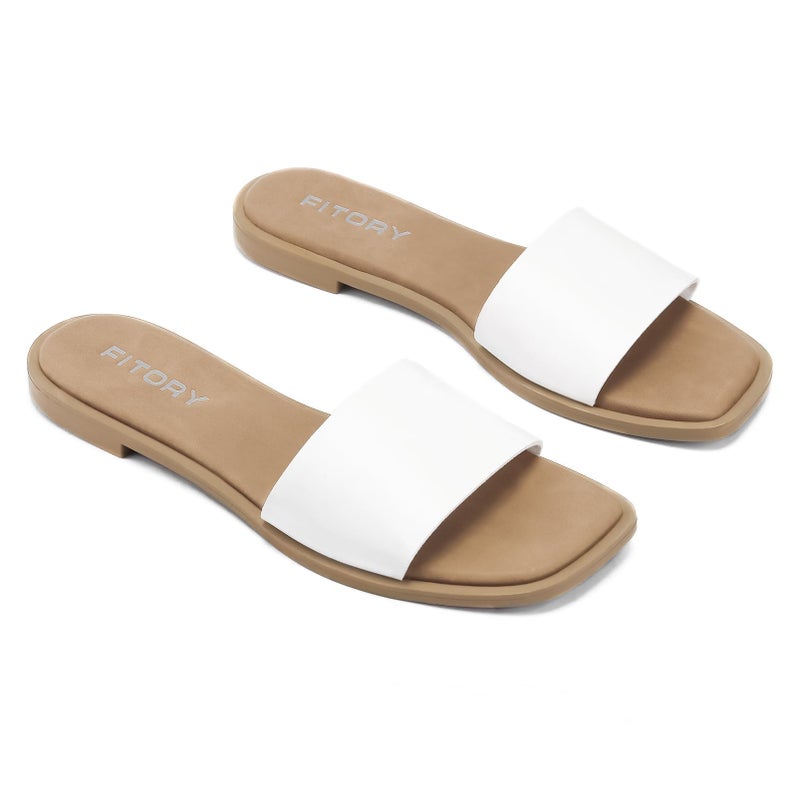 FITORY Women's Slide Sandals Fashion Square Open Toe with Cushioned Footbed Slippers for Beach Size 7 White - Image 2