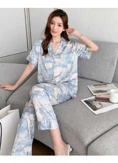 Generic Women Sleepwear abstract Print Pajama Set, Light Blue Button-Down Long Sleeve Top and Pants, 2-Piece Sleepwear  - Image 2