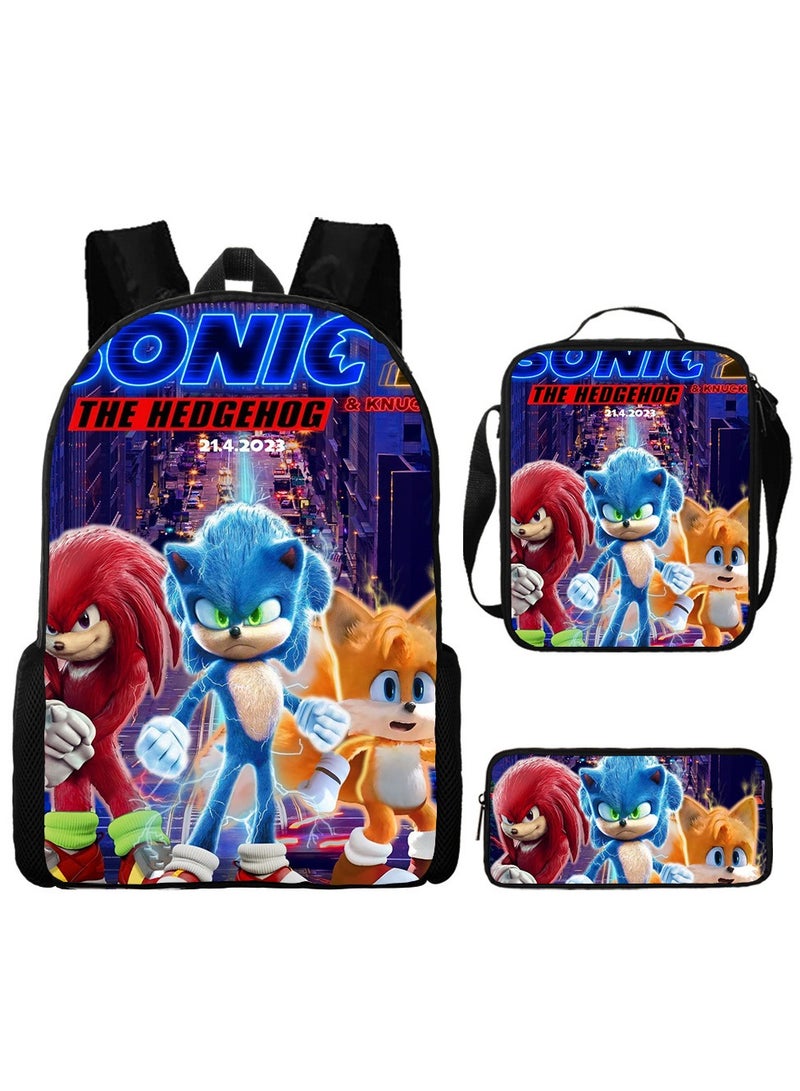 Sonic Primary School Backpack Cartoon Anime Backpack Messenger Bag Pencil Case Three-Piece Set 29*16*42cm
