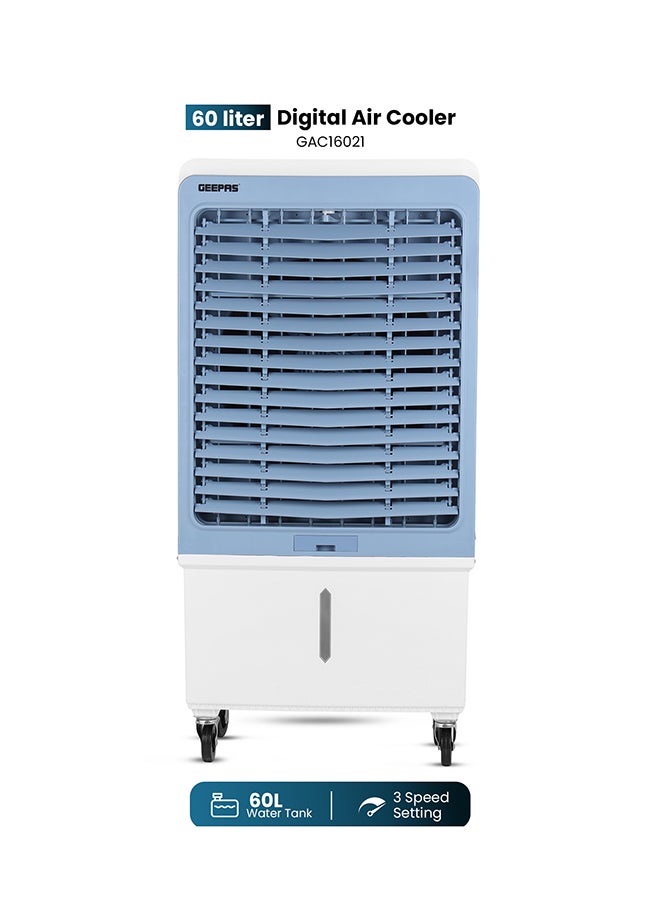 GEEPAS Digital Air Cooler 200 W Powerful Motor | Remote Control with Dual Modes | 3 Speed Settings with Timer, Ice Box Cooling | Water Level Indicator, Portable with Wheels – 60 L GAC16021 White/Blue - Image 1