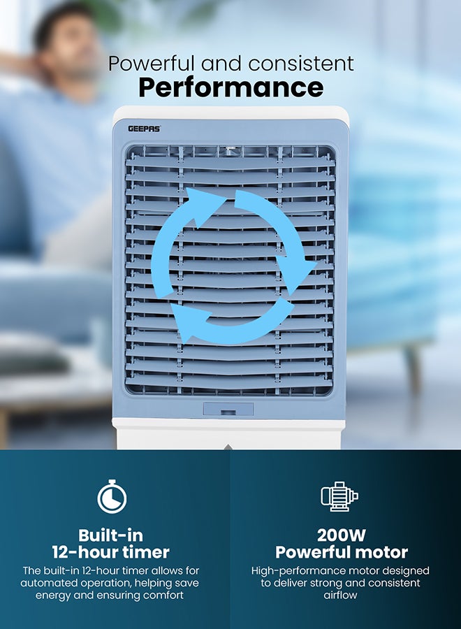 GEEPAS Digital Air Cooler 200 W Powerful Motor | Remote Control with Dual Modes | 3 Speed Settings with Timer, Ice Box Cooling | Water Level Indicator, Portable with Wheels – 60 L GAC16021 White/Blue - Image 4