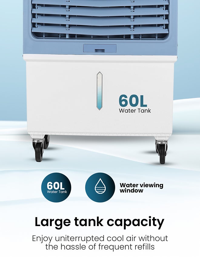 GEEPAS Digital Air Cooler 200 W Powerful Motor | Remote Control with Dual Modes | 3 Speed Settings with Timer, Ice Box Cooling | Water Level Indicator, Portable with Wheels – 60 L GAC16021 White/Blue - Image 5