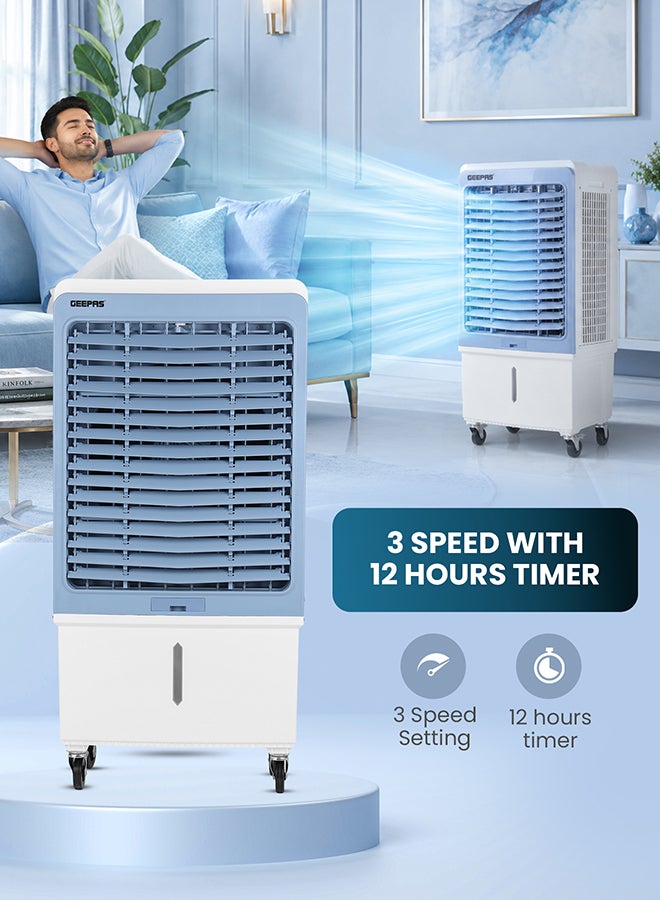 GEEPAS Digital Air Cooler 200 W Powerful Motor | Remote Control with Dual Modes | 3 Speed Settings with Timer, Ice Box Cooling | Water Level Indicator, Portable with Wheels – 60 L GAC16021 White/Blue - Image 2