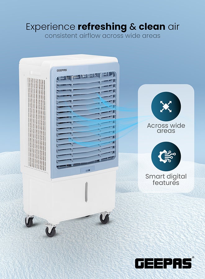 GEEPAS Digital Air Cooler 200 W Powerful Motor | Remote Control with Dual Modes | 3 Speed Settings with Timer, Ice Box Cooling | Water Level Indicator, Portable with Wheels – 60 L GAC16021 White/Blue - Image 3