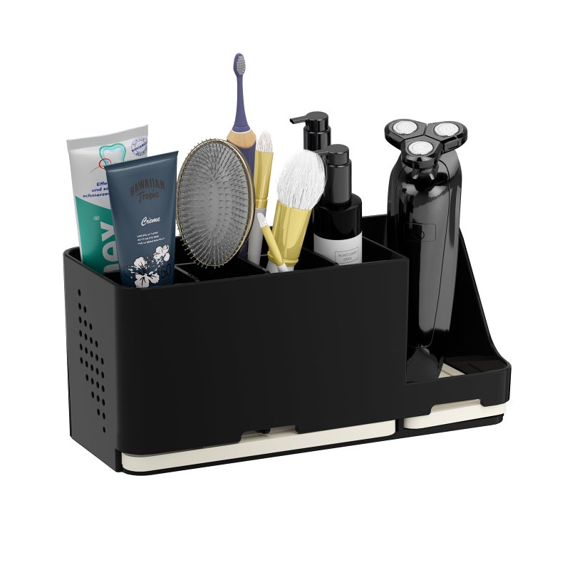 JUMEIHUI Bathroom Countertop Organizer with Water Absorbent Diatomite,8 Slots Bathroom Toothbrush Holder with Adjustable Dividers,Bathroom Sink Organizer Countertop (Black) - Image 1