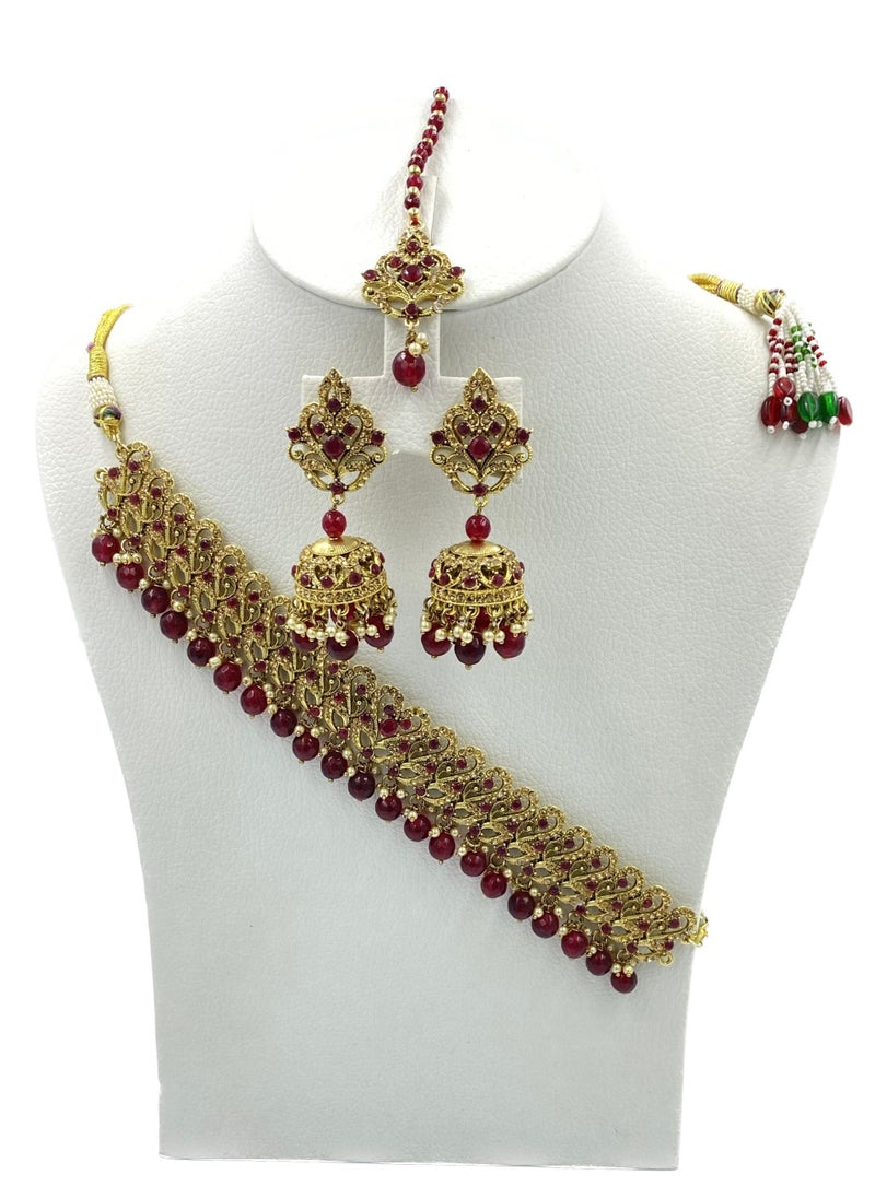 GOHONA GOHONA Royal Bling Bollywood Traditional Indian  Jewelry Necklace With Earrings Set and 1 Tikka in Maroon colour  - Image 1