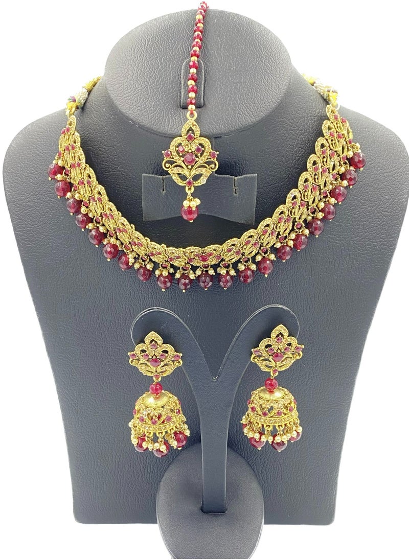 GOHONA GOHONA Royal Bling Bollywood Traditional Indian  Jewelry Necklace With Earrings Set and 1 Tikka in Maroon colour  - Image 2