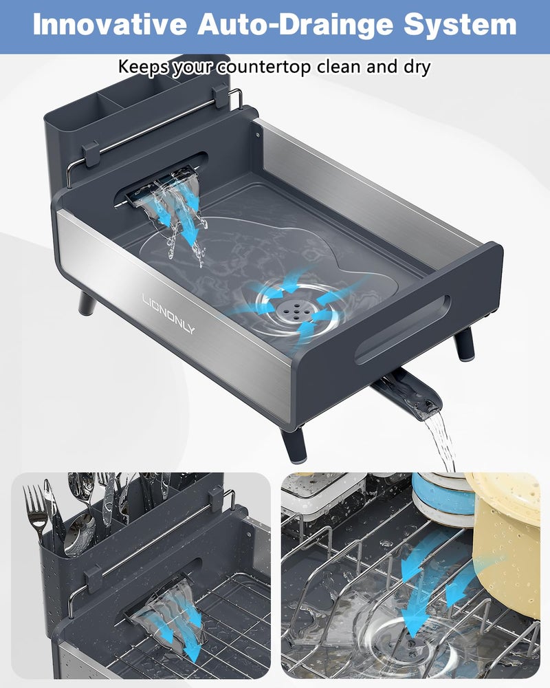 LIONONLY Dish Drying Rack with Drain Board, 304 Stainless Steel Core, Aluminum Rustproof Frame, Anti-Slip Elevated Feet, Removable Adjustable Spout, Utensil Holder, Gray - Image 2