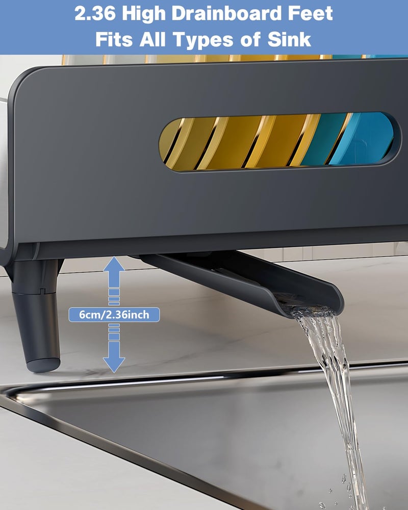 LIONONLY Dish Drying Rack with Drain Board, 304 Stainless Steel Core, Aluminum Rustproof Frame, Anti-Slip Elevated Feet, Removable Adjustable Spout, Utensil Holder, Gray - Image 4