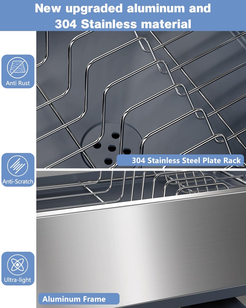 LIONONLY Dish Drying Rack with Drain Board, 304 Stainless Steel Core, Aluminum Rustproof Frame, Anti-Slip Elevated Feet, Removable Adjustable Spout, Utensil Holder, Gray - Image 5