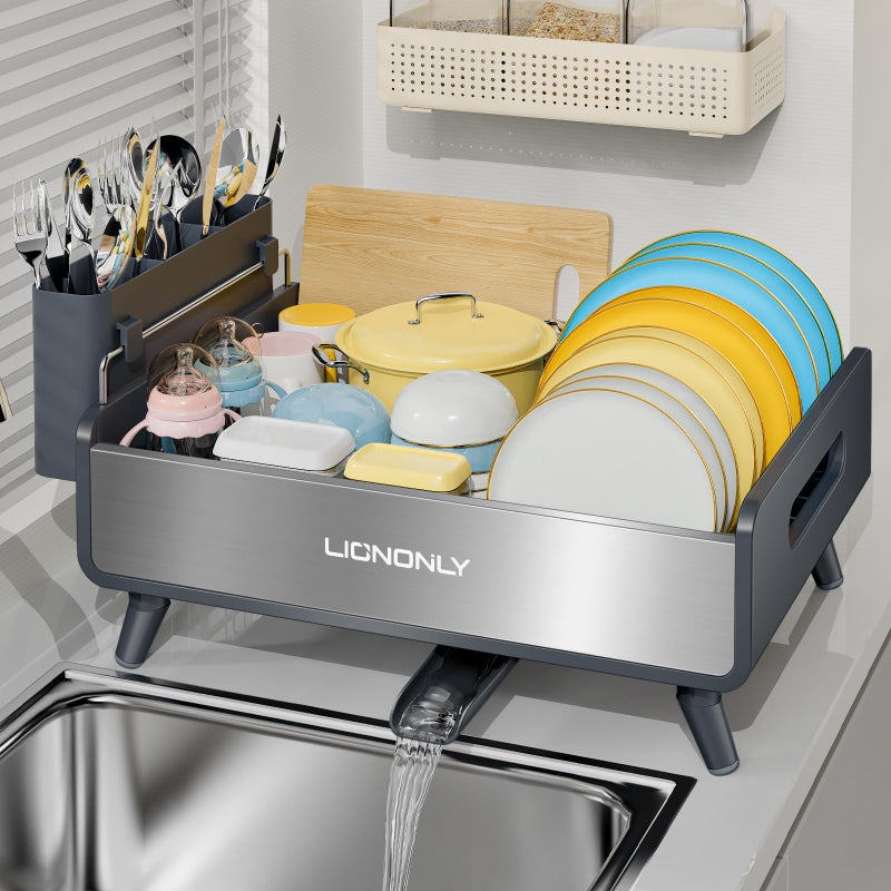 LIONONLY Dish Drying Rack with Drain Board, 304 Stainless Steel Core, Aluminum Rustproof Frame, Anti-Slip Elevated Feet, Removable Adjustable Spout, Utensil Holder, Gray - Image 1