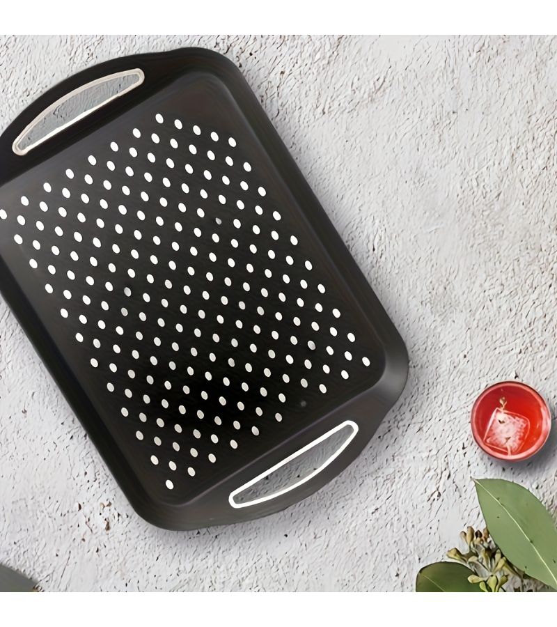 Large Non-Slip Handle Serving Tray Black Rectangular Suitable For Breakfast Dinner Snacks Fruits Appetizers Drinks Dishwasher Safe - Image 1