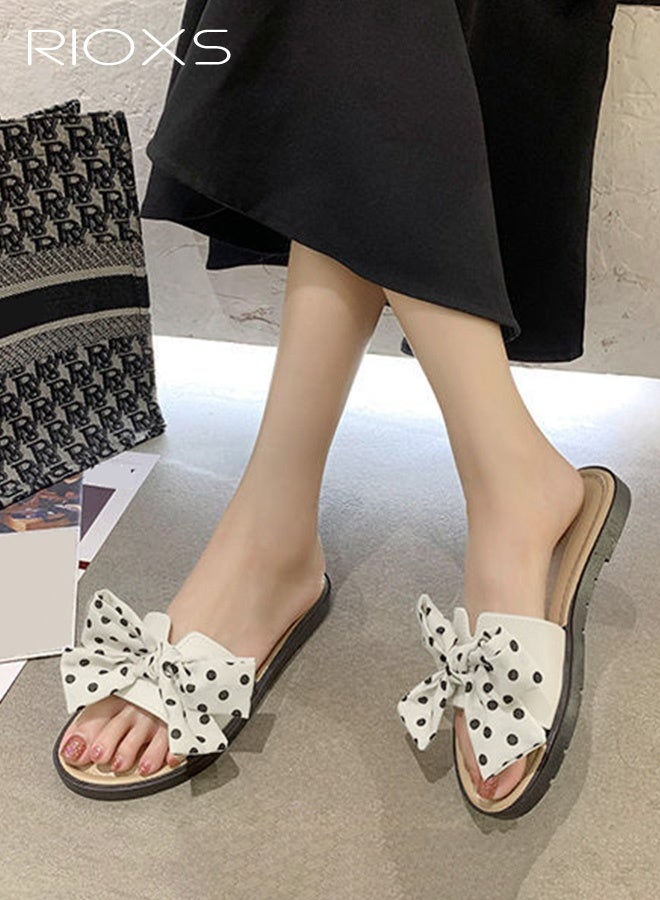 RIOXS Women's Bowknot Flat Sandals, Summer Open Toe Bowknot Slippers, Breathable Non-Slip  Beach Sandals, Soft Comfortable Slip On Slides, Dressy Vacation Sandals for Indoor or Outdoor Use - Image 1