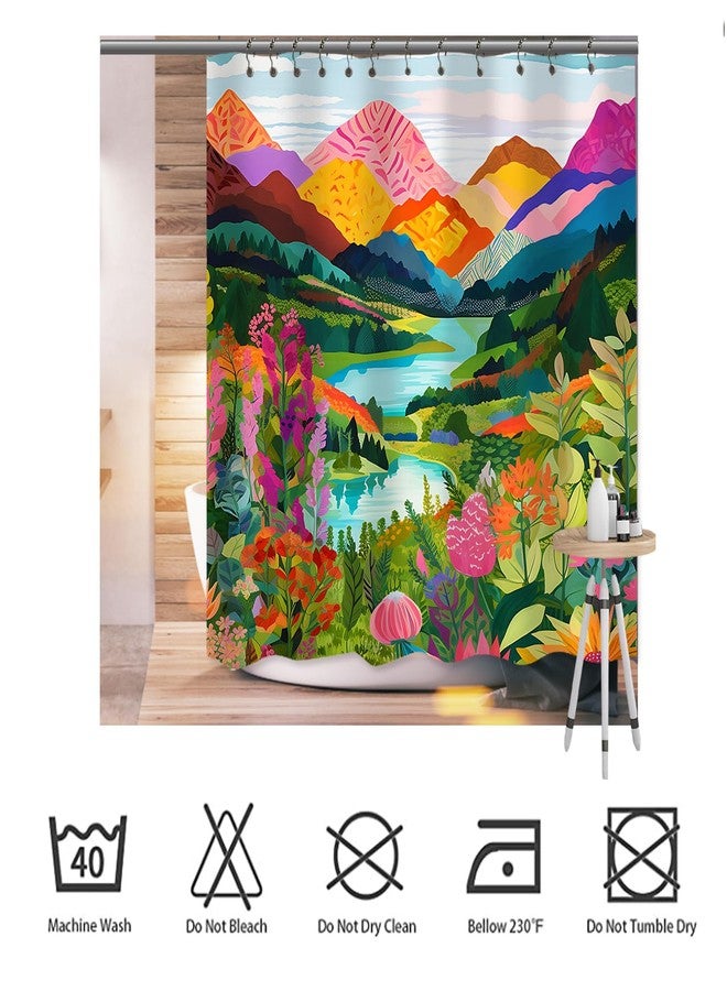 She Love Colorful Landscape Mountain Shower Curtain Nature Abstact Forest Lake Watercolor Art Painting Green Shower Curtains with Metal Hooks 72x72 Inch Waterproof Polyester Bathroom Curtain - Image 3