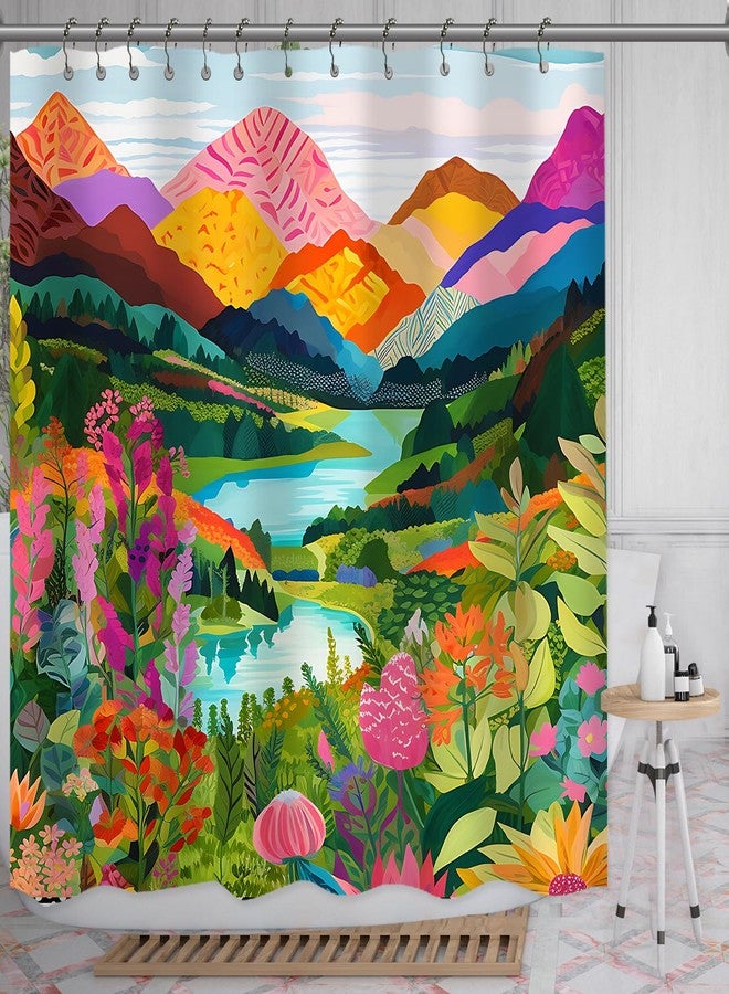 She Love Colorful Landscape Mountain Shower Curtain Nature Abstact Forest Lake Watercolor Art Painting Green Shower Curtains with Metal Hooks 72x72 Inch Waterproof Polyester Bathroom Curtain - Image 1