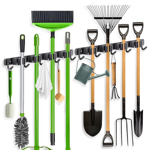 ZONGOOL 2 Pack Broom Holder Wall Mount 4 Racks and 5 Hooks Mop Hanger Wall Mount Broom Organizer Stainless Steel Heavy Duty Garage Tool Racks for Home Kitchen Garden Laundry Black