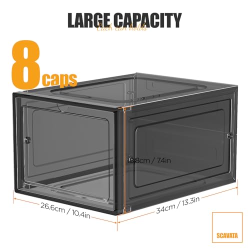 SCAVATA Hat Organizer Box Stackable Clear Baseball Caps Holder Box Containers with Magnetic Door for Hats Snapback Cap Storag Hat Rack Display Case Holds 8 Hats Each Black 2 Pack - Image 3