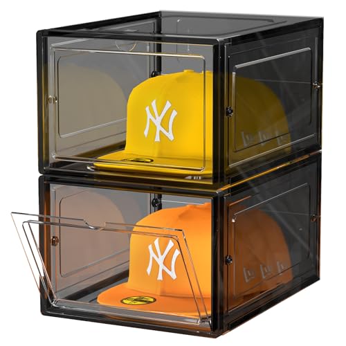 SCAVATA Hat Organizer Box Stackable Clear Baseball Caps Holder Box Containers with Magnetic Door for Hats Snapback Cap Storag Hat Rack Display Case Holds 8 Hats Each Black 2 Pack - Image 1