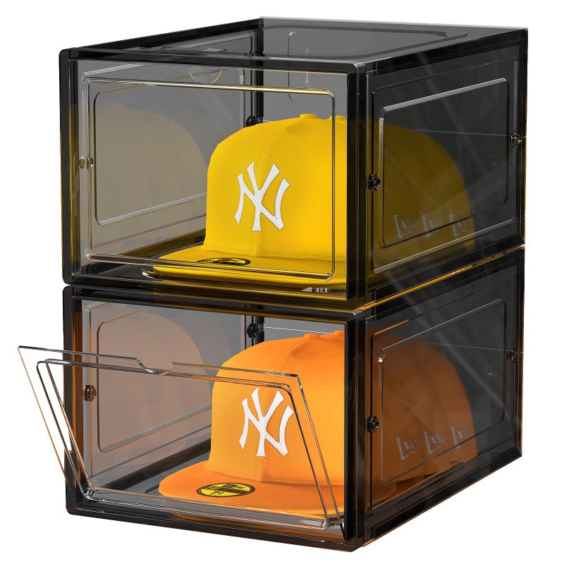 SCAVATA Hat Organizer Box Stackable Clear Baseball Caps Holder Box Containers with Magnetic Door for Hats Snapback Cap Storag Hat Rack Display Case Holds 8 Hats Each Black 2 Pack - Image 2