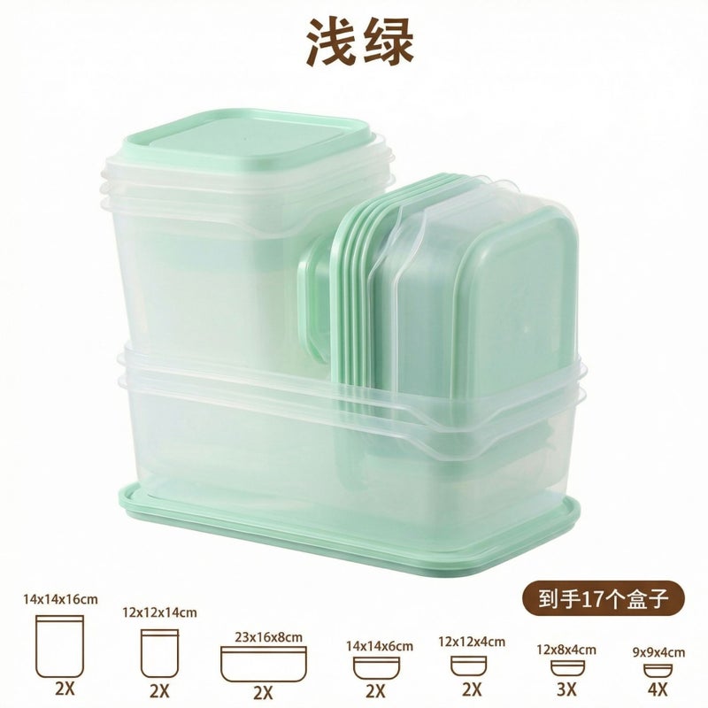 17-Piece Kitchen Fridge Fruit Storage Freshness Box Set with Lids - Food-Grade Transparent Containers for Utensils - 17-Piece Light Green Set