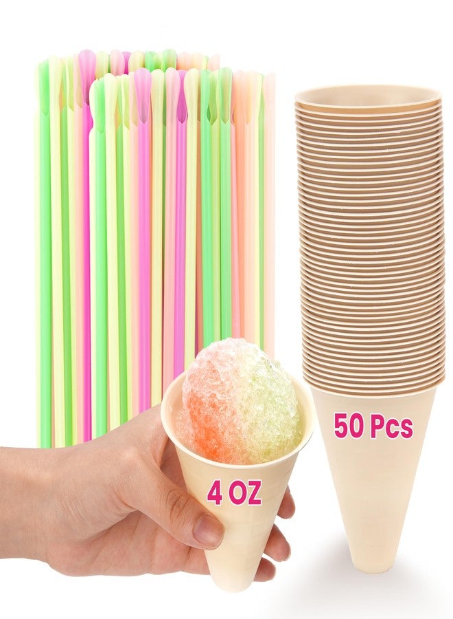LUVCOSY Disposable Snow Cone Cups and Straws Set | 50-Pack Shaved Ice Cups -Biodegradable CornStarch| 100-Pack Colorful Plastic Spoon Straws | 4oz Ice Cream Party Supplies & Accessories - Image 1