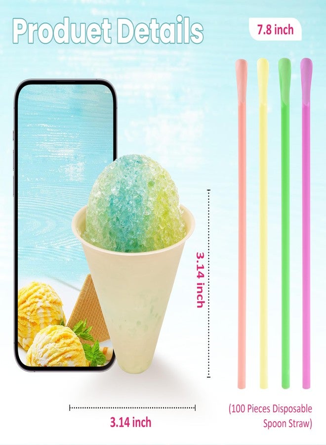 LUVCOSY Disposable Snow Cone Cups and Straws Set | 50-Pack Shaved Ice Cups -Biodegradable CornStarch| 100-Pack Colorful Plastic Spoon Straws | 4oz Ice Cream Party Supplies & Accessories - Image 2